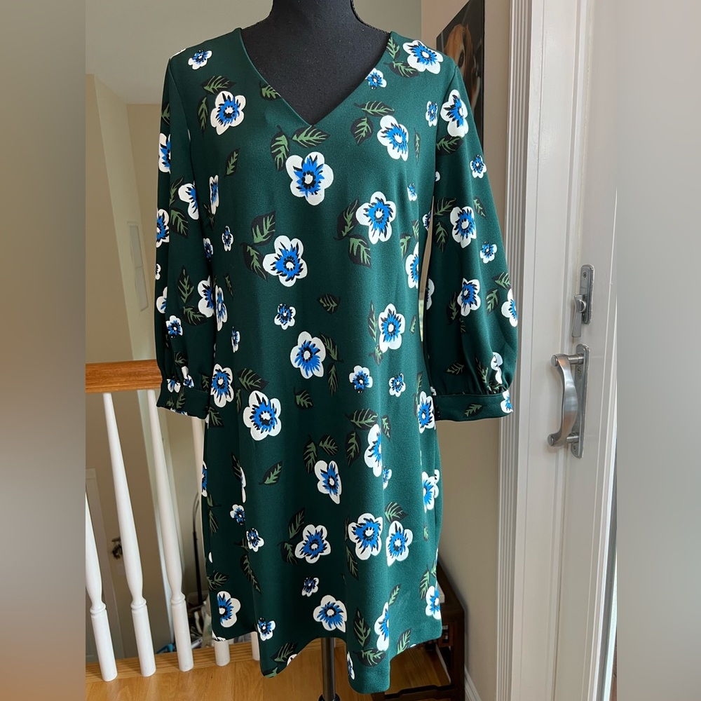 ANN TAYLOR FACTORY GREEN FLORAL LONG SLEEVE SHIFT SLIPON DRESS